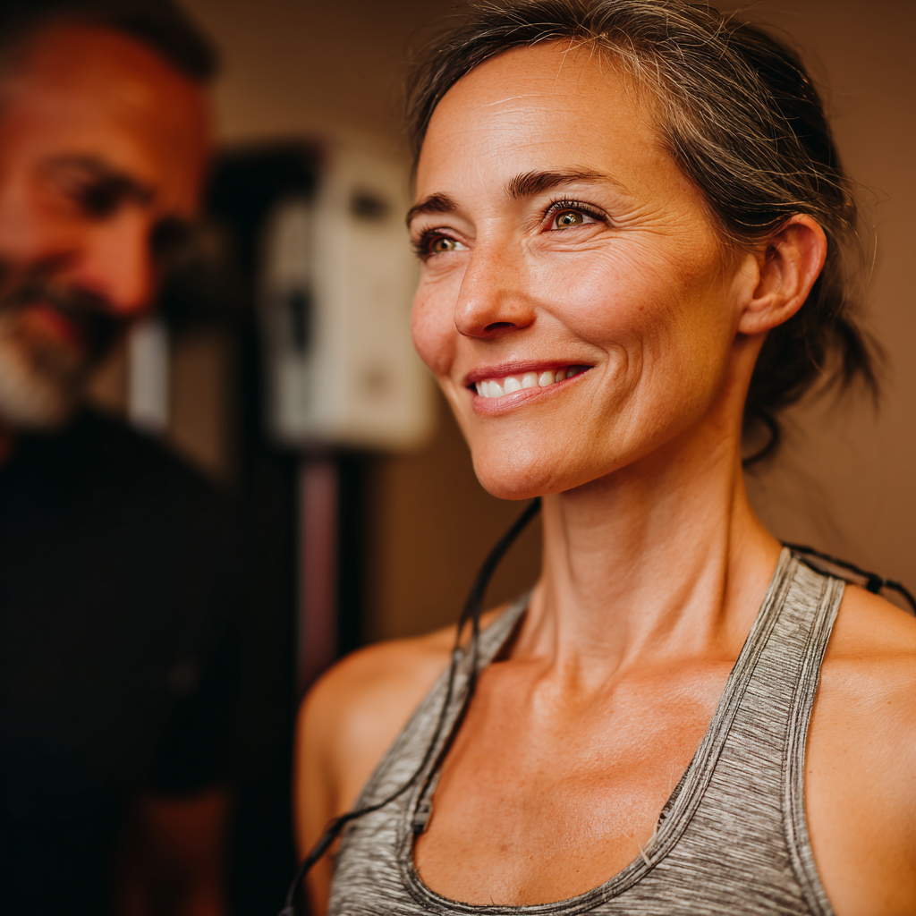 Magyar edzőpartnerek mosolyogva, különböző életkorú felnőttek, akik kardio edzést végeznek modern környezetben